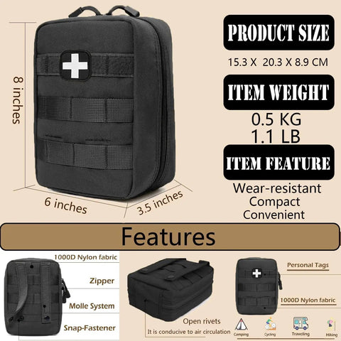 First Aid Kit IFAK Pouch With MOLLE Tactical Med Bag for EMT, 1000D nylon, 8x6x3.5 inches, black with cross emblem, compact design