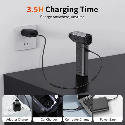 Powerful 130000 RPM Cordless Air Duster with LED Light charging via USB-C plugged into wall adapter.
