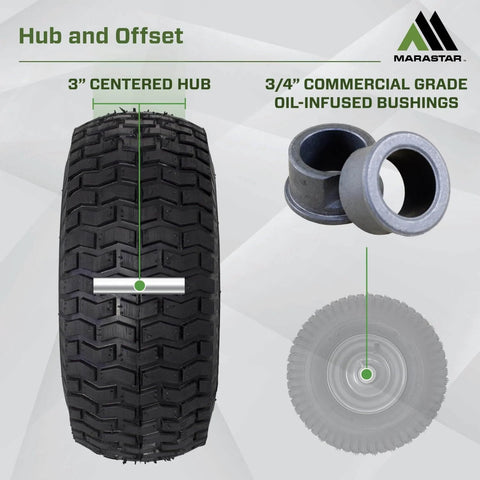 Two Pack 15x6.00-6 Pneumatic Tire And Wheel Assembly For Riding Lawn Mowers Turf Saver Front Tires 4 Ply Center Hub Grease Fitting Easy Install Fits Craftsman Riding Mowers showing tire structure and bushings