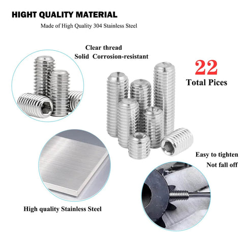 All Purpose 22Pcs Threaded Grub Screws Set 1/4-20 Inch Four Sizes Full Thread Cup Point 304 Stainless Steel Heavy Duty Hardware Kit For Bathroom Fixtures Door Handles Light Fixtures And More in 304 stainless steel.
