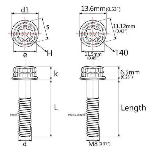 Diagram of Titanium Flange Bolt M8 X 80mm 12 Point Head Grade 5 6Al4V Titanium Alloy with measurements for bikes and motorcycles