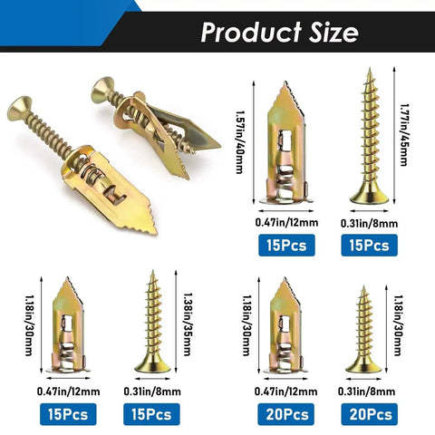 Product size chart showing Self Drilling Drywall Anchors And Screws Kit With Two Anchor Sizes And Three Expansion Screw Sizes.