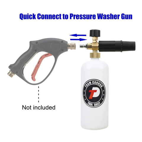Adjustable Foam Cannon With One Quarter Inch Quick Connect, 1 Liter Capacity, next to a pressure washer gun.