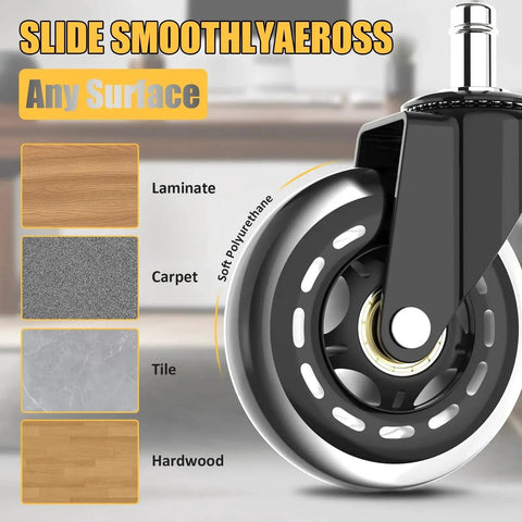 Close-up of 3-inch rubber office chair caster wheel on different floors with universal 11x22mm stem for smooth rolling.