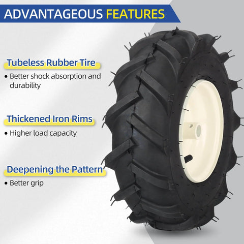 13x5.00-6 Tiller Tire And Wheel Kit Tubeless With 3/4 Inch Axle, 3-1/8 Inch Centered Hub, close-up of tire features