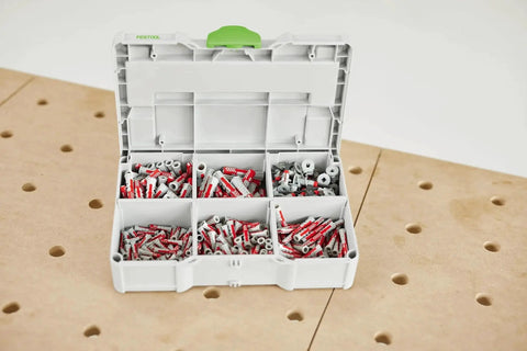 Festool DuoPower Anchor Set 5 6 8 10 Mm With 6 x 35 Chipboard Anchors In MINI Systainer S 76 open view on table