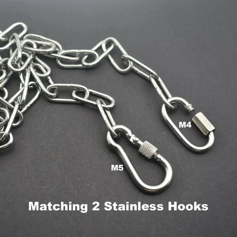 304 Stainless Steel Chain 1/8 Inch By 5 Feet With Welded Closed Links And Locking Carabiners, close-up of chain and hooks