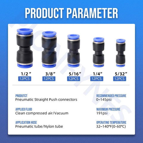 Push-to-connect pneumatic straight fittings kit, 60 pcs total (12 per size): 1/2, 3/8, 5/16, 1/4, 5/32 in; blue and black plastic air hose fittings.