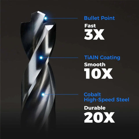 Close-up of Pro Cobalt Drill Bit with bullet point tip and TiAlN coating, highlighting fast and durable features for metal and steel.
