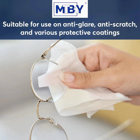 Person using lens cleaning wipes pre moistened and individually wrapped safe for eyeglasses on glasses lens