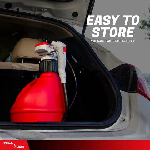 Universal Gas Can Adapter Cap Battery Powered Fuel Transfer Pump 2.3 GPM stored in car trunk, easy to store