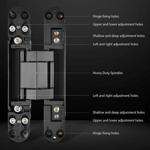 Front view of Hidden Door Hinge Set for Concealed Installations, Six Inch Two-Piece Hinges, Black Finish, showing adjustment features.