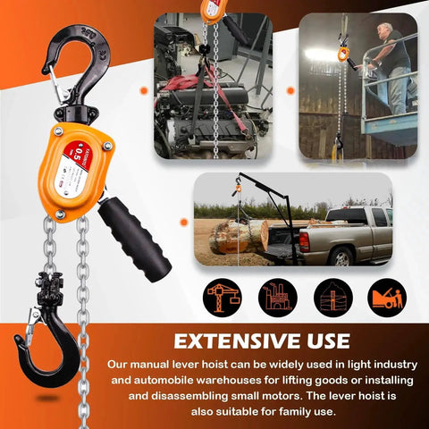 0.5 Ton Mini Lever Block Chain Hoist With G80 Chain And Hook 6M Lift displayed with images of industrial and construction use