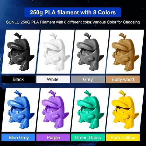 3D printed figures in 8 colors using 250g PLA filament; black, white, grey, burly wood, blue, purple, green grass, pure yellow.