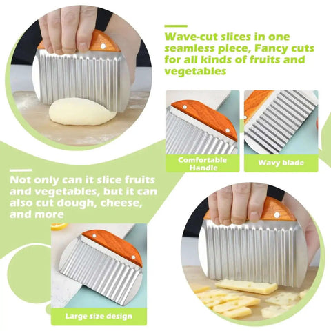 Large Crinkle Cutter Wavy Slicer For Potatoes And Fries shown cutting various foods with stainless steel blade and wooden handle.