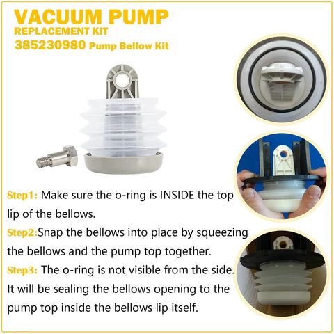 Pump Bellows Kit for Sealand Vacuum and Discharge Pumps includes one bellows, one bushing, and one bolt for quick install