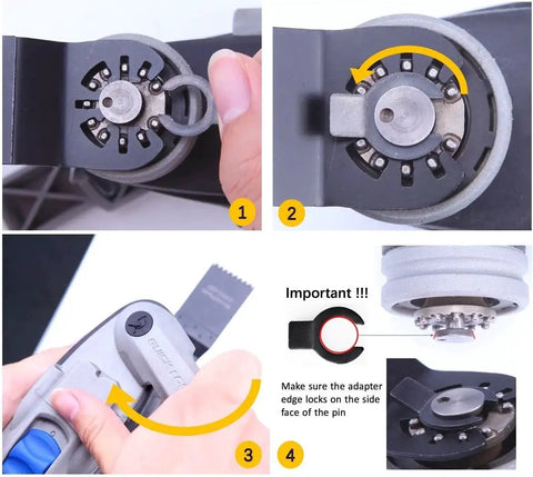 Carbide Oscillating Saw Blades For Multitools With Quick Release setup guide showing blade installation and lock mechanism.