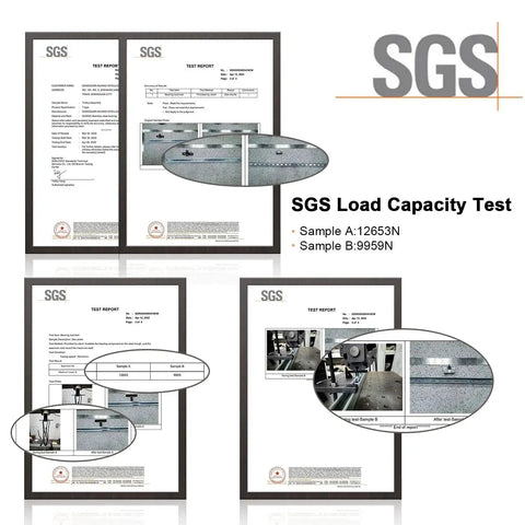 SGS load capacity test reports with images of testing equipment and process details for verified product quality.