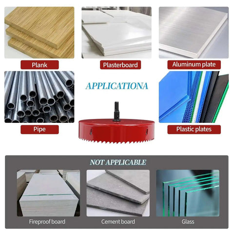 Image showing applications of the Red Bi Metal Hole Saw Kit With Arbor And Pilot Drill Bit for various materials.