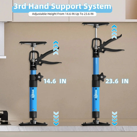 2 Pack Adjustable Steel Cabinet Jacks With Telescopic 3rd Hand Pole 132 lb Load in blue, extended view