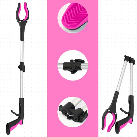 2 Pack 32 Inch GrabRunner Reacher Grabber Tool With Strong Magnetic Swivel Head In Pink, shown folded and extended.