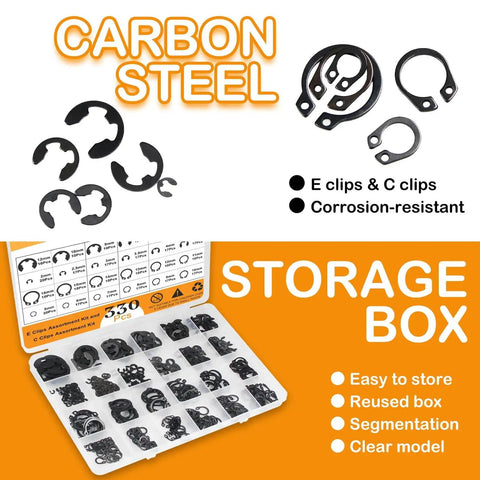 330 Piece Snap Rings Kit With E Clips And C Clips External Retaining Rings Assortment in storage box, 24 sizes from 2mm to 16mm