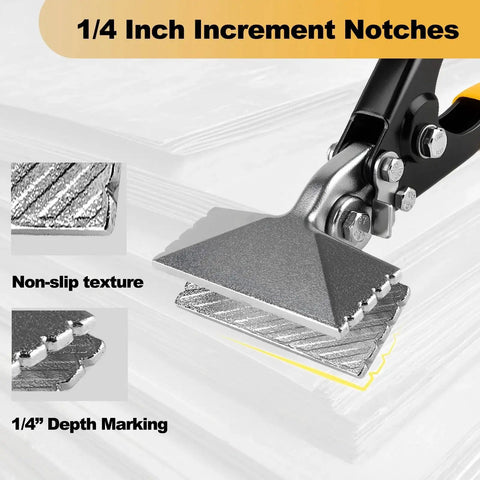 Close-up of Versatile 3 Inch Sheet Metal Hand Seamer with TPR Handle showing straight jaw and 1/4 inch depth notches.
