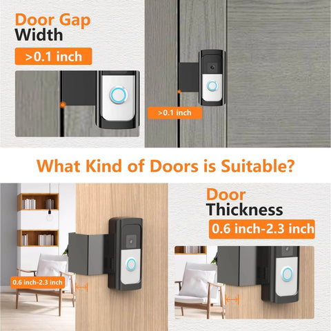 No Drill Anti Theft Video Doorbell Mount for Quick Setup in Apartments and Homes, fits door gaps and thickness shown, black.
