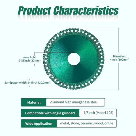 4-inch diameter, high manganese steel disc for angle grinders and 4-inch saws, labeled with specifications, Cut Faster With Indestructible Disc 2.0 For Angle Grinders And 4 Inch Circular Saw Blades Upgraded High Manganese Steel Matrix Blade Rips Through Ceramic Tile Glass Metal And Wood In Seconds 3 Pack