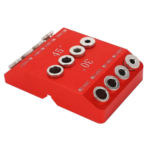 Pro Grade 30 Degree 45 Degree 90 Degree Drill Guide For Woodworking With Steel Drill Sleeves Aluminum Alloy Hole Jig For Furniture Assembly DIY Crafting Precise Drill Locator Fixture Tool with red base and metal sleeves