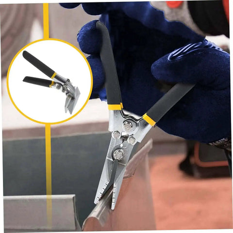 Person using Metal Bender Hand Seamer Tool With Straight Jaw Pliers For Roofing And Sheet Metal Projects Easy Clamp And Precise Bending