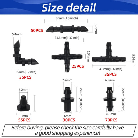 Barbed drip irrigation fittings kit, 300pcs for 1/4 in tubing; includes elbows, tees, cross, end plugs, couplings.