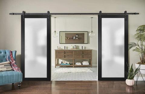 Sturdy Sliding Double Barn Door With Frosted Glass In Matte Black Finish Planum 2102 Modern Solid Panel Interior Doors Kit