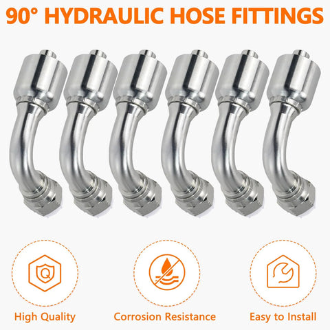 Hydraulic 90° elbow fittings set, 6 pcs, 3/4 in hose to 3/4 in JIC 37° female, stainless steel