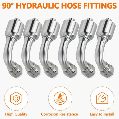 Six 90° hydraulic hose fittings displayed, part of the Fourteen Piece Hydraulic Fittings Kit For Half Inch Hose To Half Inch JIC Thirty Seven Degree Female Swivel Elbow Single Wire Braid Hose Repair Kit For Agriculture Construction And Industrial Equipment Perfect Spare Set For Field Service Trucks.