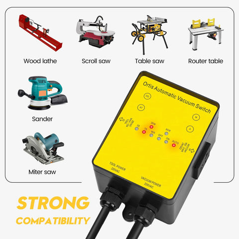 Ortis Automatic Vacuum Switch 220V dust-collector starter, yellow control unit with dual cords and tool icons.