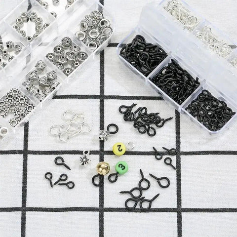 Must Have 300Pcs Small Screw Eye Pins For Jewelry Making And DIY Crafts in black and silver, three sizes 8x4mm, 10x5mm, 13x6mm on display