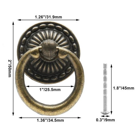 10 Pack Bronze Ring Pull Handles For Cabinets And Drawers Single Hole Design 1.36 Inch Diameter Includes Mounting Screws