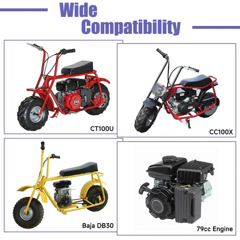 Four mini bikes and a 79cc engine displaying wide compatibility with models like Coleman CT100U, CC100X, Baja DB30.