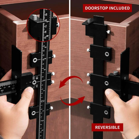 Seven Piece Cabinet Hardware Jig Tool Set With Pro Grade All Aluminum Alloy Build for doors shown in use on corner cabinet.