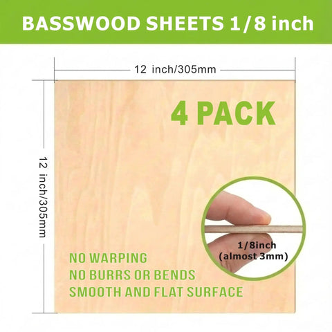 Four Pack Basswood Sheets One Eighth Inch Thick Twelve By Twelve Inches Smooth Surface Perfect For Laser Cutting Engraving Burning DIY Models