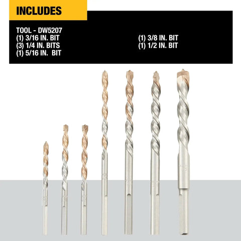 Concrete And Block Masonry Drill Bit Set For Percussion Drilling 7 Piece With Carbide Tips Four Flute Design