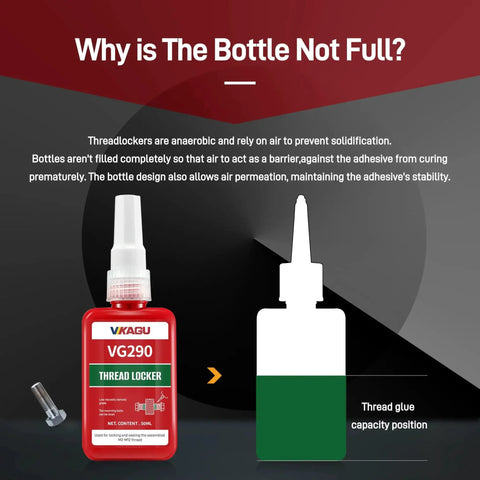 Your Go To Green Thread Locker And Fixative That Penetrates Preassembled Fasteners And Bearings To Stop Loosening And Seal Gaps As Small As 0.05 Mm While Resisting Corrosion For Machinery And Precision Assemblies 1.69 Oz 50 Ml VG290 with illustrated explanation of bottle's fill level.