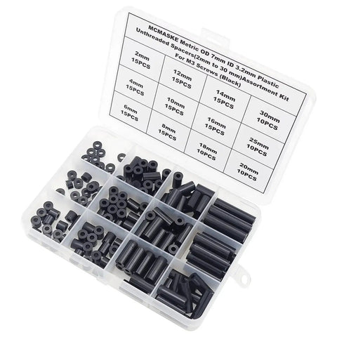 Unthreaded Metric Spacer Kit for M3 Screws 7mm OD 3.2mm ID Black ABS, 12 lengths, organized in plastic box, 160pcs total