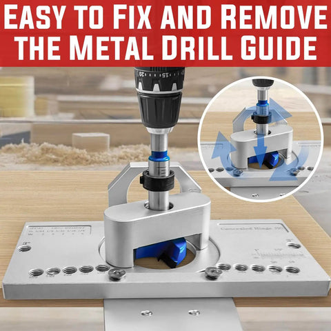 35mm Concealed Door Hinge Jig For Cabinets with Quick Clamp shown with metal drill guide in action on wood surface