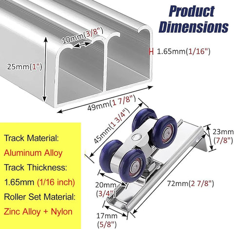 Smooth Sliding Closet Door Track Hardware Kit For 2 Bypass Doors 18-24mm Thick Wood, Champagne Floorless Barn Door Rails