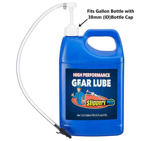 Wide Mouth Fluid Pump With 38mm Cap 8cc Stroke 17in Tube And 3rd Hand Adapter installed on a blue gear lube gallon bottle
