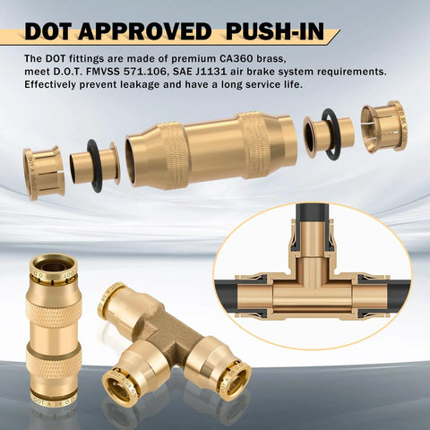 Brass DOT air line fittings set with push-in quick connect; includes 50ft 1/4 in and 30ft 3/8 in pneumatic tubing.