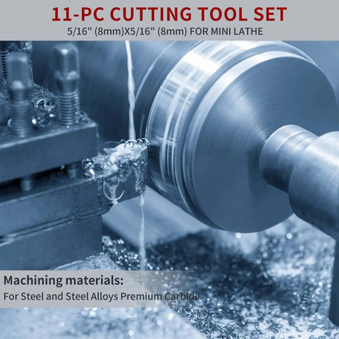 Eleven Piece Five Sixteenth Inch Carbide Tip Lathe Cutter Tool Set For Metal Turning Boring And Chamfering With DIN Spec Lathe Tools And Pro Grade Durable 45 Steel Holders in use on lathe machine