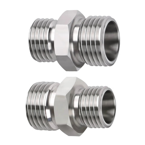Hydraulic hose connectors, 2-pack stainless steel with male threads on both ends and central hex nut